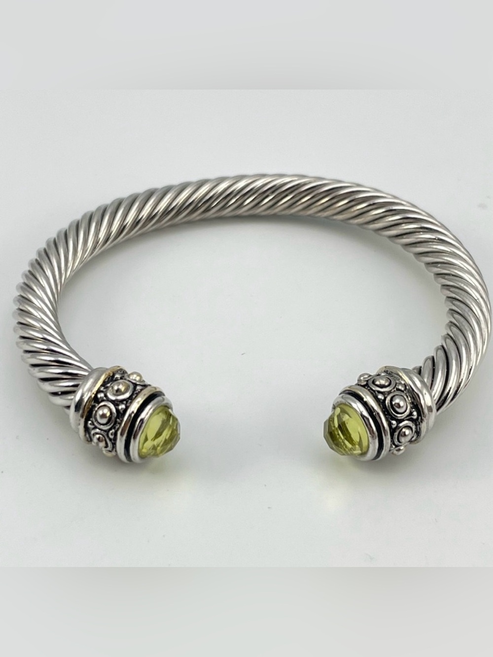 Beautiful Silver-Tone Twisted Cable Cuff Bracelet with Faux Peridot Stones